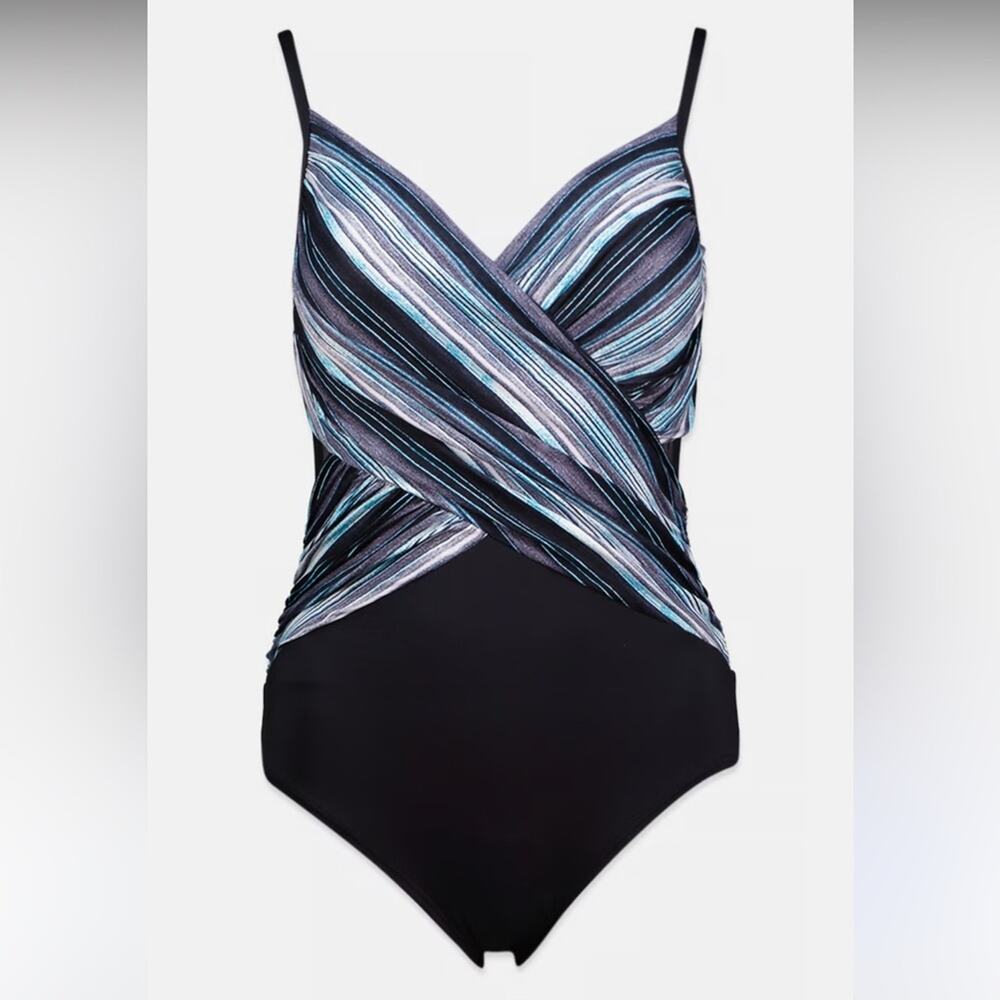 Coco Reef NEW Blue Grotto Sterling V Neck Striped Swimsuit Size 8/32 C/D